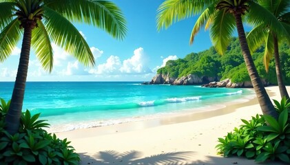 Fototapeta premium Azure sea, white sand, lush foliage. Warm light, vibrant colors., calm, tropical, stock
