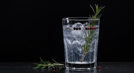 Backside photo of gin and tonic with rosemary and peppercorn garnish in dark moody light, high contrast modern artistic drink presentation representing sophistication with copy space