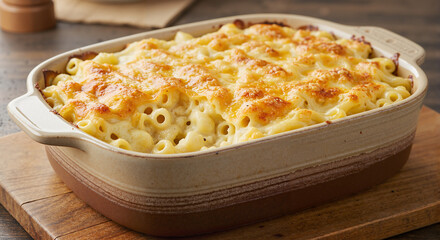 Side view of bubbling mac and cheese fresh from oven with golden crust cracked open to reveal creamy inside, rustic and indulgent