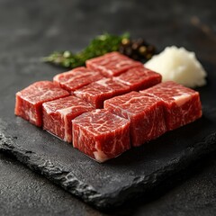 Fototapeta premium Marbled Wagyu beef cubes on dark stone, ready for grilling or culinary creations