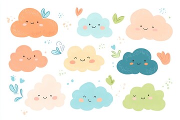 Cute cartoon clouds in various colors. Delightful illustrated design with happy faces, hearts, and leaves