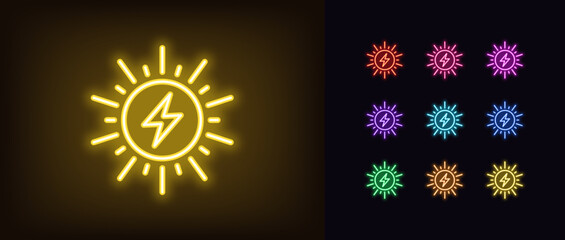 Outline neon solar energy icon. Glowing neon sun with rays and lightning icon, sunbeam energy. Electric charge of solar power, sunlight energy, electric power, solar battery charging. Vector icon set