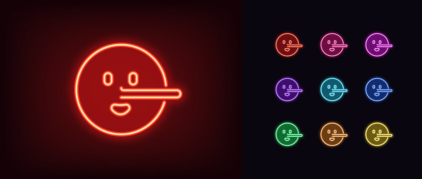 Outline neon liar emoji icon. Glowing neon lie emoticon with long nose, deceiver emoji. Liar face with big nose, say untruth, deceiver emoticon, fake truth and deception, tell false. Vector icon set