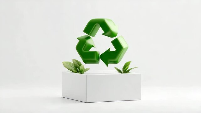 Green recycling symbol hovers above a white hexagonal base with small green plants on either side, set against a white background. Clean and minimalist aesthetic.