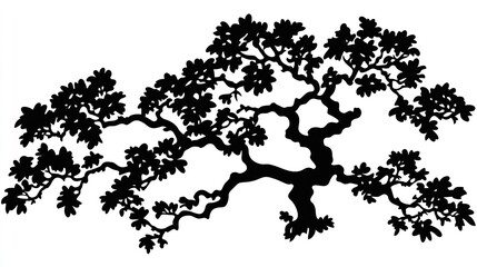 Silhouette of a sprawling tree with dense foliage and intricate branches, against a white background