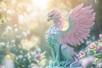 Obraz premium Majestic griffin statue in a garden bathed in soft, ethereal light, creating a scene of mythical beauty.