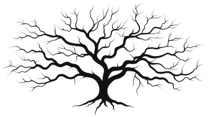 Fototapeta premium Silhouetted tree with bare branches, trunk and roots, on white background