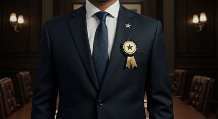 Businessman award badge honor recognition success leadership professionalism excellence integrity winner ribbon corporate symbol certification quality achievement trust value concept