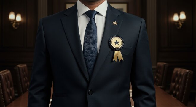 Businessman award badge honor recognition success leadership professionalism excellence integrity winner ribbon corporate symbol certification quality achievement trust value concept