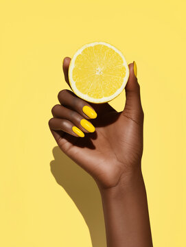 Stylish hand with yellow nails holding lemon half on vibrant yellow background