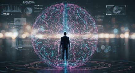 Businessman digital world data network hologram futuristic interface technology innovation intelligence virtual connection graph insight economy performance analytics visualization