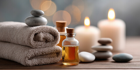 Wellness-Stillleben mit Handtüchern, ätherischen Ölen, Kerzen und gestapelten Steinen für Massage und Entspannung