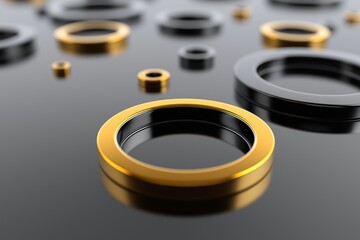A close up of a gold and black circle with a black center. The circle is surrounded by other circles of various sizes and colors. Concept of depth and complexity, with the circles overlapping