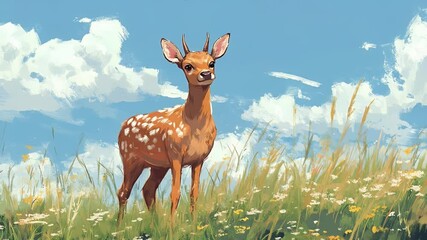 Cute Spotted Fawn Standing in Green Meadow With Blue Sky in Digital Art - Powered by Adobe