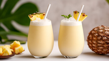 
side view, two pineapple coconut smoothies in elegant glasses with paper straws, served with ice cubes and tropical fruits, bright summer vibes, soft natural light, tropical paradise mood

