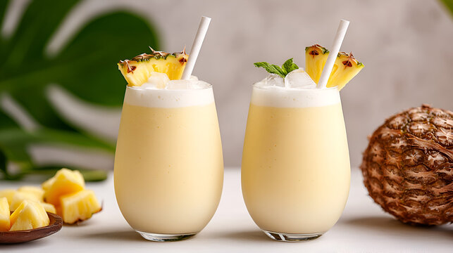 
side view, two pineapple coconut smoothies in elegant glasses with paper straws, served with ice cubes and tropical fruits, bright summer vibes, soft natural light, tropical paradise mood

