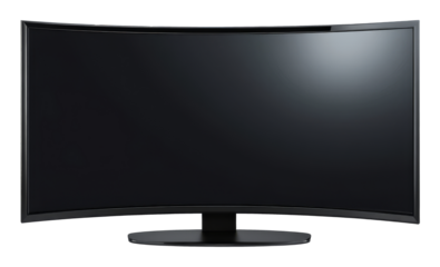 Curved black computer monitor with blank screen on transparent background, electronic technology