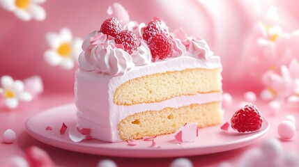 Delicious pink raspberry cake on a plate. 3D soft pop style.