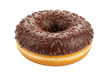 A chocolate frosted donut with chocolate sprinkles on a background