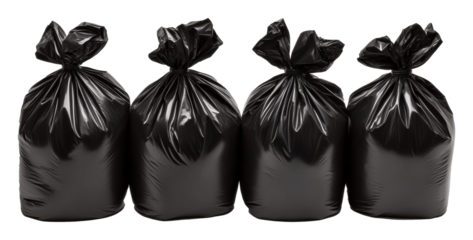 Four black garbage bags lined up neatly against a transparent background