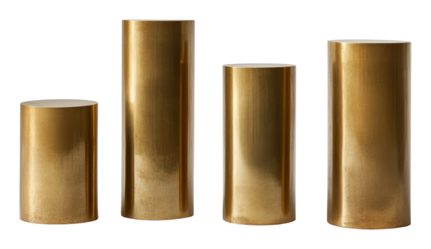 Set of four golden metallic cylindrical pedestals on a transparent background