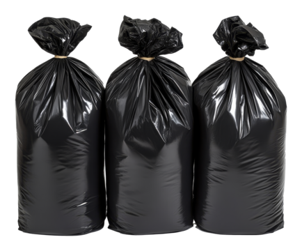 Three black garbage bags tied at the top on a transparent background, waste disposal concept