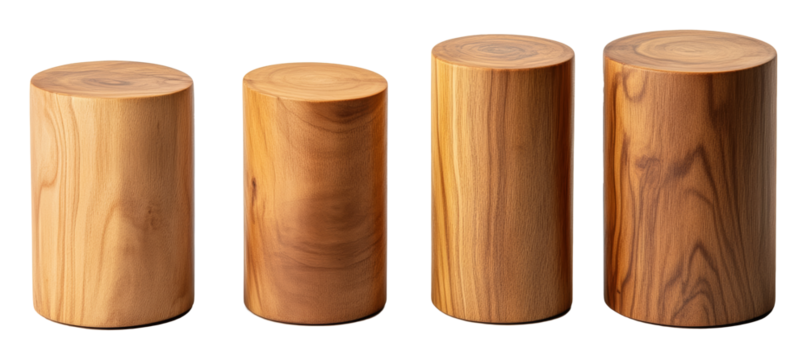 Wooden cylinders with natural grain texture in varying sizes on a transparent background