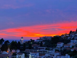 Sunset over old town in Montenegro 