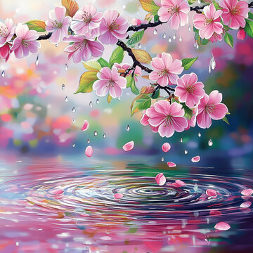 beautiful colorful Japanese spring's flowers, cherry blossoms, beautiful water ripples in the puddle, in the mountains, in the beautiful forest, leaves, nature, beautiful rain drops, beautiful fog, o