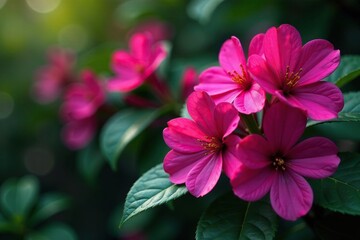 Vibrant fuchsia flowers, intricate leaf details, art, trendy