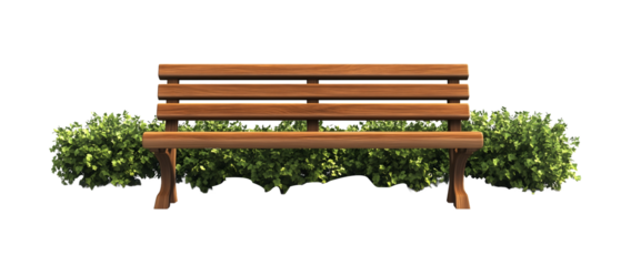 wooden bench with green bushes and plants on both sides isolated png transparent cutout