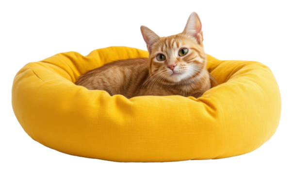 Orange tabby cat lounging in a round yellow bed on a transparent background, relaxing and calm setting