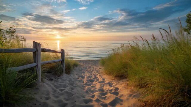 Scenic beach path leads to calm ocean at sunrise with clouds, dune grass, and a rustic wooden fence.