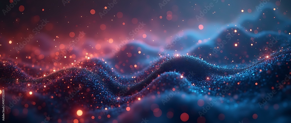 Poster abstract wave with glitter and glowing particles. futuristic background with bokeh effect. shiny shi