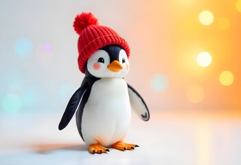Fototapeta premium Funny penguins in Christmas hats ride down a winter slide