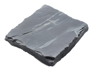 Square slab of gray slate stone with rough textured edges on a transparent background