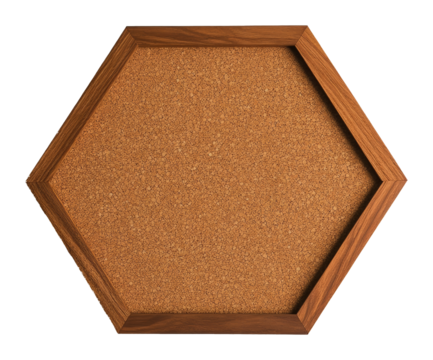 Hexagonal cork bulletin board with wooden frame on transparent background