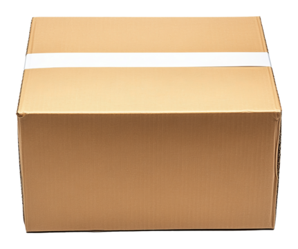 Cardboard box sealed with white tape on a transparent background for shipping