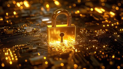 Golden padlock on circuit board digital security concept image 3d safe data dark cyber wires system