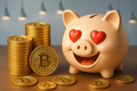 3D illustration of a piggy bank is full of Bitcoin/money, symbolizing a good habit of consistently saving money for future expenditures. Investment, wealth preservation