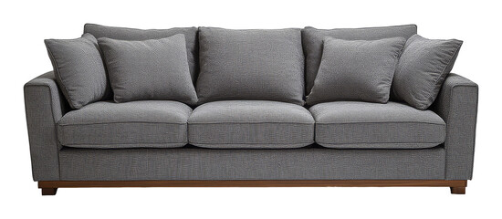Gray fabric couch with cushions on a transparent background, modern furniture style