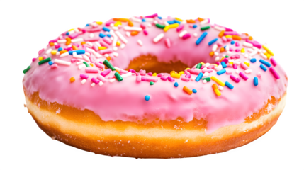 A close-up of a doughnut with pink icing and colorful sprinkles, isolated on white background