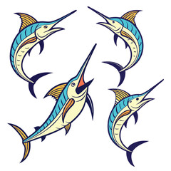 Collection of Four Colorful Stylized Marlin Fish Illustrations