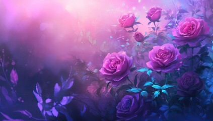 Lush roses bloom in a mystical garden, bathed in soft, vibrant light.  Deep purples and pinks, with teal foliage, create a dreamy, romantic atmosphere