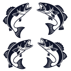 Four stylized black and white illustrations of leaping fish with open mouths, perfect for fishing logos, branding, or design projects
