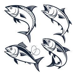 Four Jumping Tuna Fish Illustrations in Vintage Style Line Art