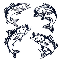 Four Detailed Line Art Illustrations of Leaping Fish Perfect for Seafood Restaurants or Fishing Businesses