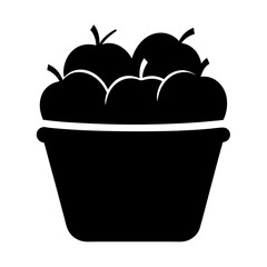 A minimalist black and white illustration of a basket filled with apples