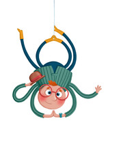 Cute cartoon illustration of a spider with glasses hanging on a web and saying hello