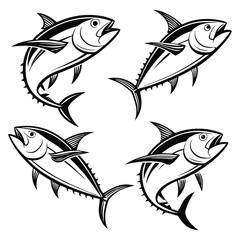 Four stylized tuna fish illustrations leaping dynamically white background